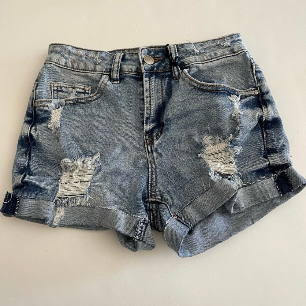 Almost Famous Light Wash Ripped Distressed Mom Jean Denim Shorts
